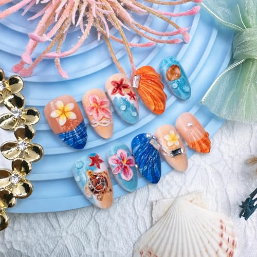 30pcs Almond Press on Nails with Sea Turtle & Flower Design