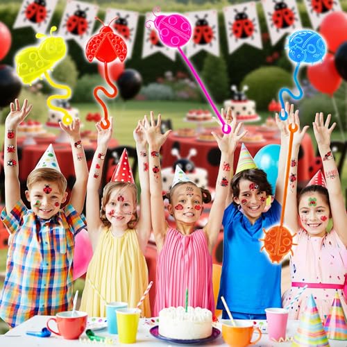 Ladybug Party Favor Kit - 24 Stick Hands + 24 Temporary Tattoos, 48 pcs