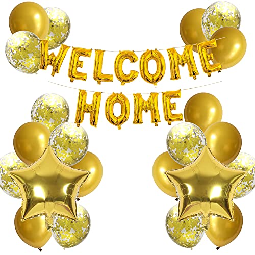 Welcome Home Balloon Banner with Star Confetti - 24 Pack Gold