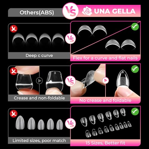 UNA GELLA Short Almond Gel Nail Tips - 360 Pcs, 15 Sizes, Pre-Shaped