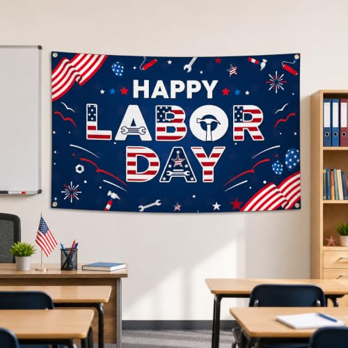 Happy Labor Day Banner Backdrop - 43.3x72.8 Inch Polyester Sign with Grommets & Rope for BBQ Party Decorations