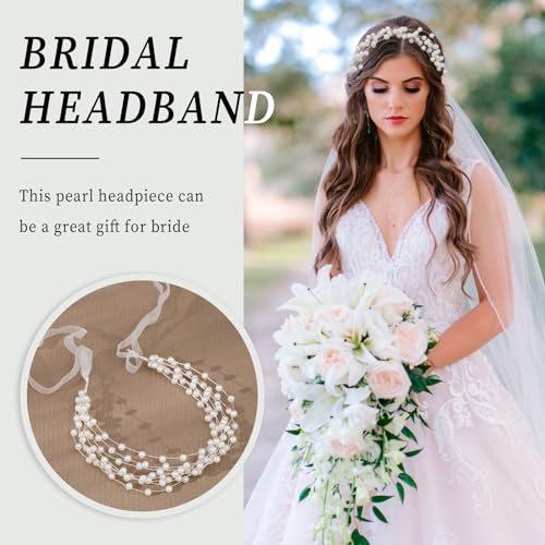 White Pearl Bridal Headband with Ribbons - Elegant Wedding Hair Accessory