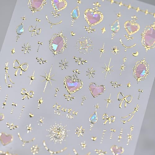 Rhspayh Valentines Nail Stickers02 Pink Heart 5D Embossed Self-Adhesive Nail Art Decals with Gold Bow Star