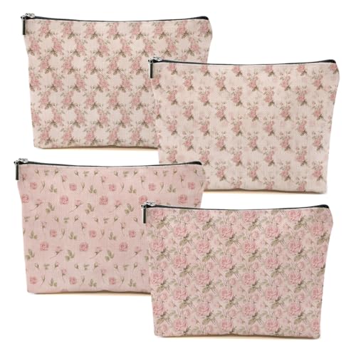 4pcs Vintage Rose Floral Makeup Bag - Linen Cosmetic Travel Pouch