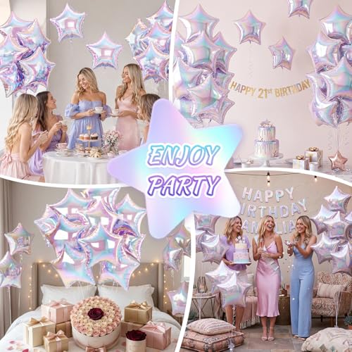 Iridescent Star Balloons - 18-Inch Foil Pack of 10 for Parties