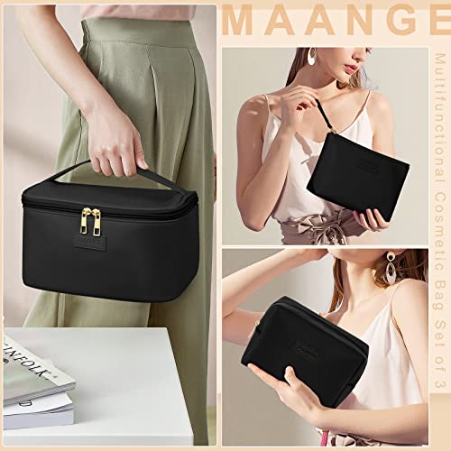 MAANGE Large Makeup Bag Set with 2 Small Pouches - Portable Leather Travel Cosmetic Organizer