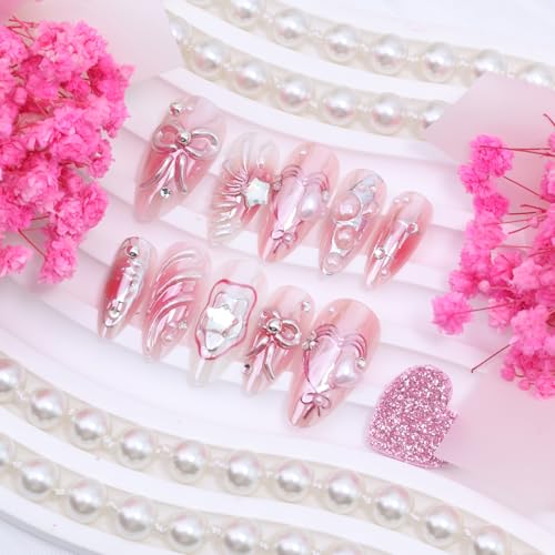 Pink Heart Bow Star-4 Medium Almond Press On Nails with Rhinestones & Pearls, Valentines Fake Nails Set