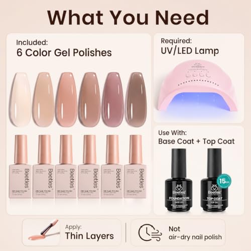 Beetles Nude Gel Nail Polish Set - 6 Sheer Colors for Manicure