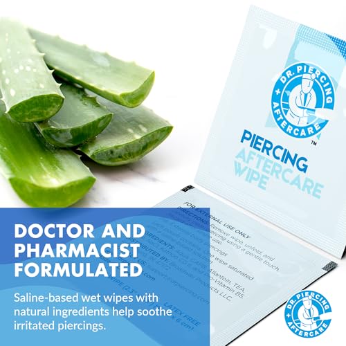 Dr. Piercing Aftercare Wipes ? Piercing Aftercare | Saline Solution for Piercings - Keloid Bump Ear Piercing Cleaner ? Ears Lips Belly Nose Piercing Bump - Piercing Hole Cleaner (50 Count)