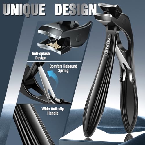 Vepkuso Black Toenail Clippers Set for Thick Nails - Heavy Duty Stainless Steel