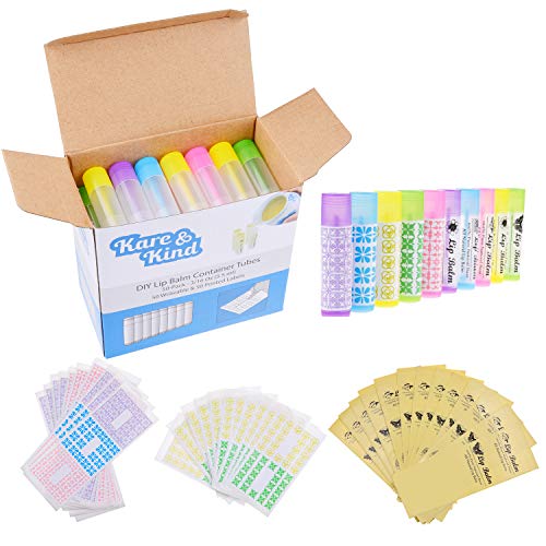 Kare & Kind DIY Lip Balm Tubes - 50-Pack Assorted Colors with Labels