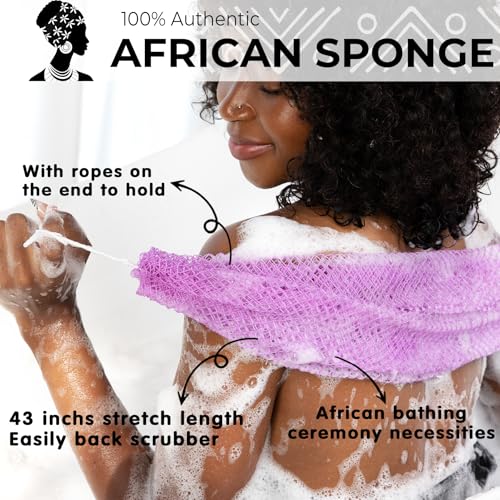 MINISENTIALS African Net Sponge with Knots (2 Pieces) Purple Lilac Back Scrubber 40in+, Exfoliating
