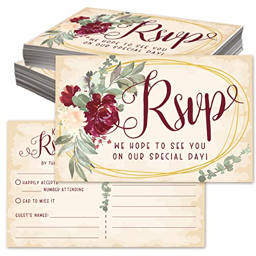 Burgundy Roses RSVP Postcards - Wedding Invitation Kit of 50