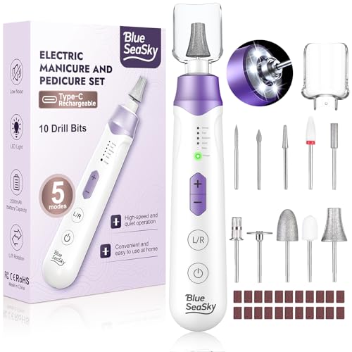 BlueSeaSky Purple Cordless Electric Nail Drill - 10-in-1 Kit for Manicure & Pedicure