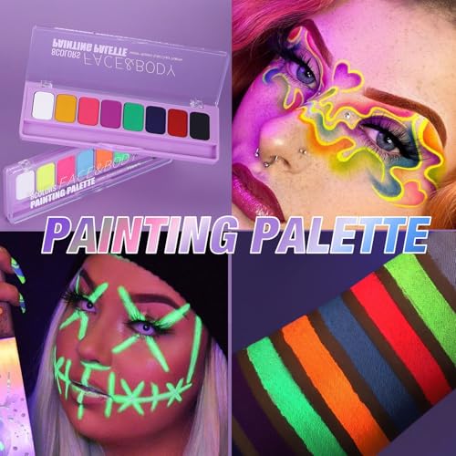 MEICOLY 2-Pack Water Activated Neon Face & Eye Paint Palette, 16 Colors - UV Glow, Matte, Hypoallergenic, Body & Face Makeup Kit