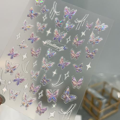 3D Aurora Butterfly Nail Art Stickers - 6 Sheets Self-Adhesive