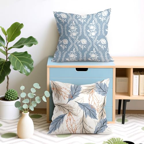 Vintage Blue Floral Throw Pillow Cushion Covers - Set of 4, 18x18
