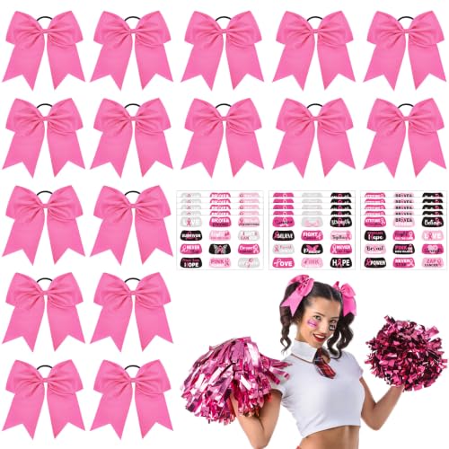 Tisancy 8" Large Pink Cheer Hair Bows & 15 Breast Cancer Tattoos