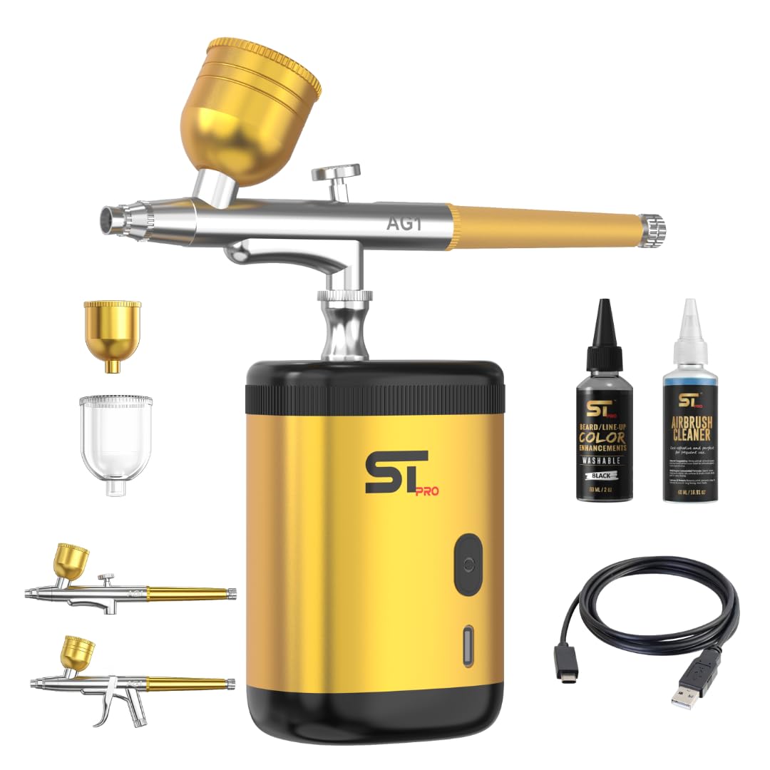 Supreme Trimmer Barber Airbrush Kit Cordless Hair and Beard Enhancement System with Ink Cleaning Solution 2 Style Triggers for Thinning Hair Natural Texture Fuller Looking Hair - AG1 (Gold)