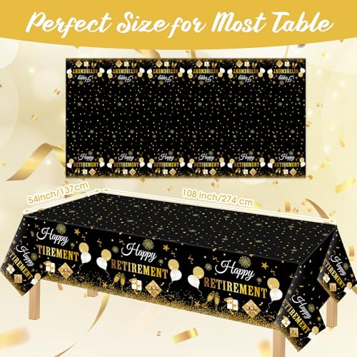 Ganeen Disposable Black Gold Retirement Tablecloths - 3 Pack, 54x108 Inch