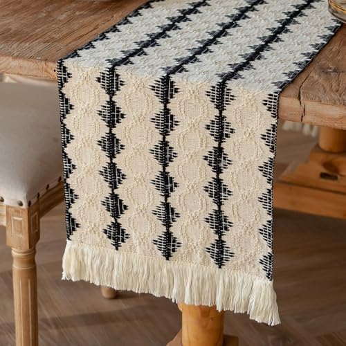 Boho Macrame Table Runner with Tassels - 72" Black & White