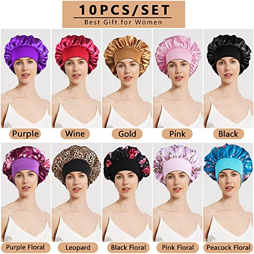 Heniho 10-Pack Large Satin Sleep Bonnets for Braids with Wide Band