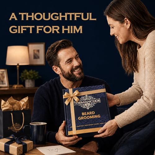 THEMANCODE Beard Grooming Kit for Men, Fathers Day Gift for Dad and Husband, Sandalwood Beard Care Kit with Oil, Balm, Wash Bar, Brush, Comb and Scissors