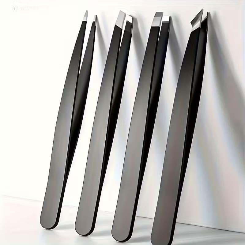 Stainless Steel Tweezers Set - 4-Piece Professional Grooming Tools for Eyebrows, Facial Hair & Splinters | High Precision (Black)