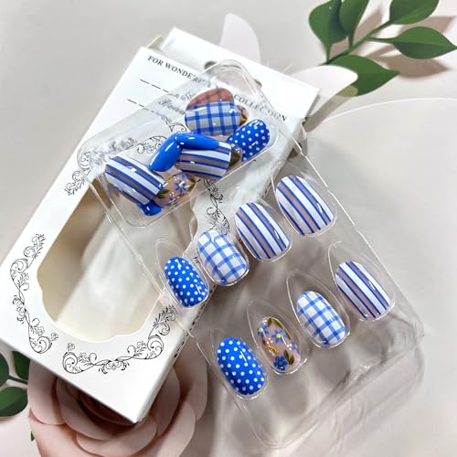 LOPMNGHT Blue White Checkered Short Oval Fake Nails 24Pcs Reusable Glossy Stick-On Manicure
