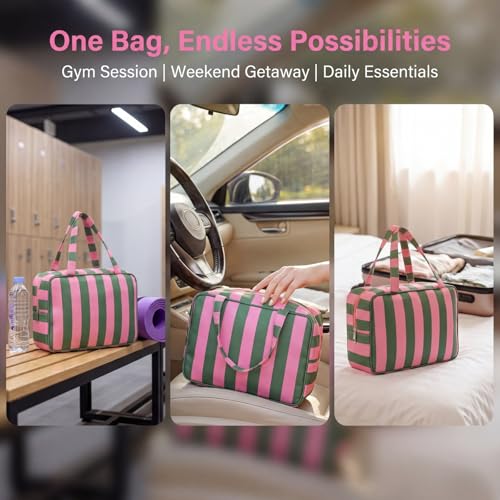 Large Stripe Travel Cosmetic Bag with Handle - Green Pink Variation