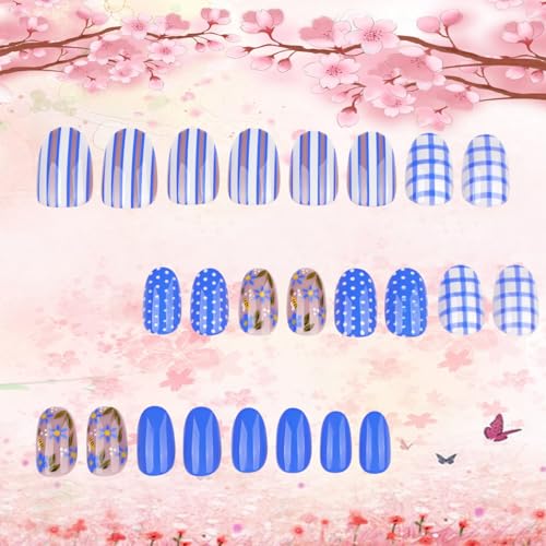 LOPMNGHT Blue White Checkered Short Oval Fake Nails 24Pcs Reusable Glossy Stick-On Manicure