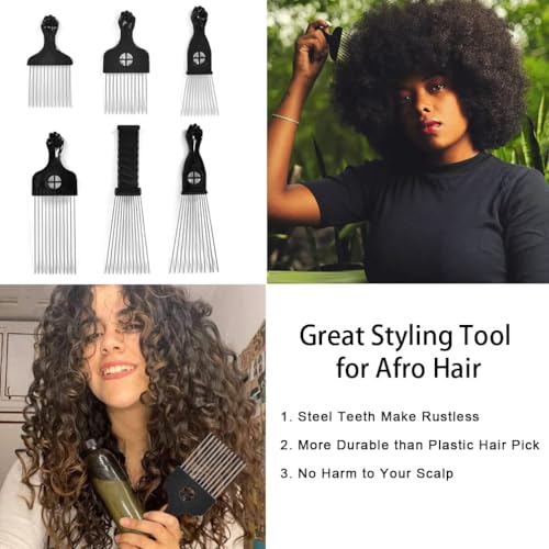 6 Pack Metal Afro Hair Picks with Fist Handles for Curly & Thick Hair - Durable, Rustless Styling Tools