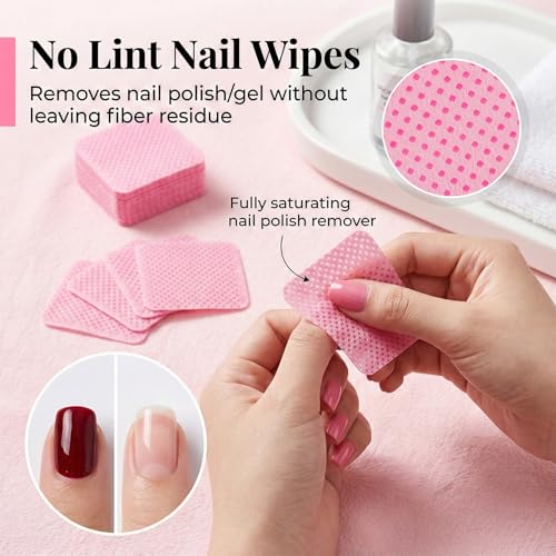 1200 Pack Pink Lint-Free Nail Wipes - Acetone Remover Pads for Gel Nails & Extensions