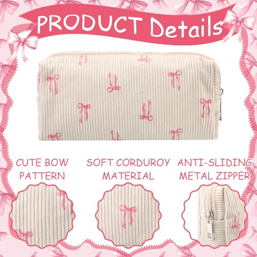 Dansydaisy Beige Coquette Makeup Bag with Pink Bow Zipper