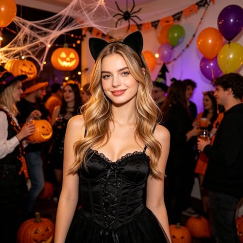 Black Cat Ears Headband for Women - Halloween Costume Accessory