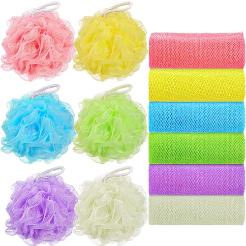 Funnymoom 12 Pcs Colorful Loofah Set - Yellow, Purple, Sky Blue, Beige, Pink, Neon Green