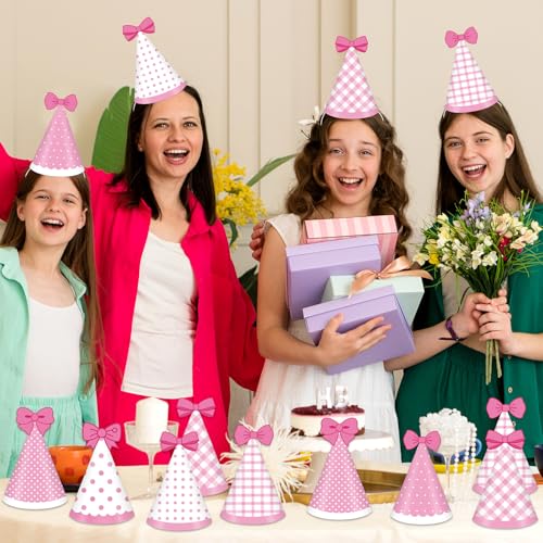 24pcs Pink Cone Party Hats with Bow - Cute Birthday Supplies
