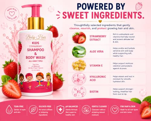 BABY HAIR Strawberry Mineral Shampoo & Body Wash 10 fl. oz. - Sulfate-Free, Tearless Formula with Biotin & Strawberry Oil