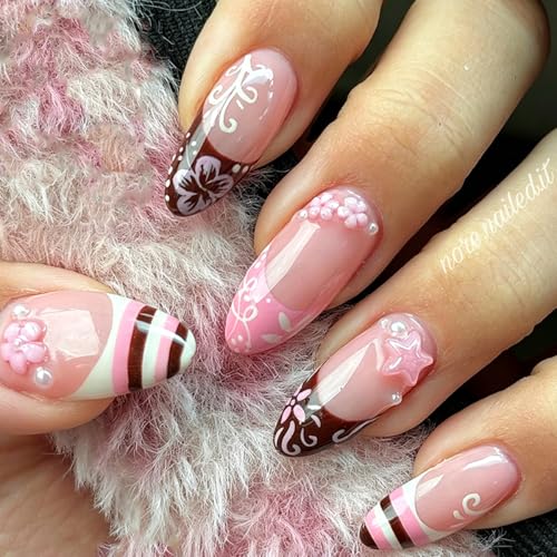 Medium Almond Press-On Nails with French Tips & 3D Design - 24 Pcs