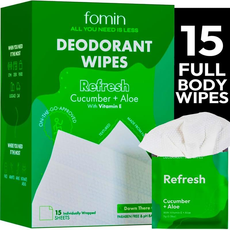 FOMIN Refresh Cucumber Aloe Travel Deodorant Wipes - 15 Count, Biodegradable & Gentle