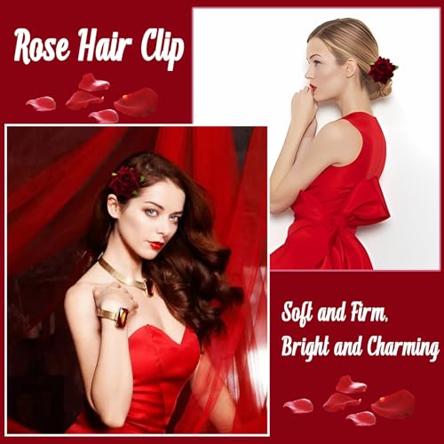 6Pcs Burgundy Rose Hair Clips & Brooch Set for Weddings and Parties