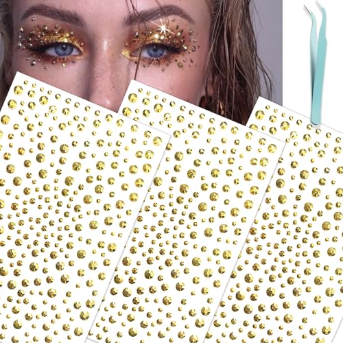 Gold Face Gem Stickers for Rave & Festival Makeup - 3 Sizes