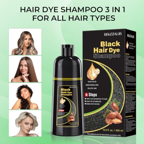 BELEZALIB Black Hair Dye Shampoo 3-in-1 for Women & Men - Gray Coverage