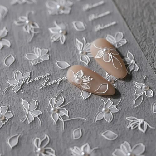 OHWODA Style2 White Flower Holographic 5D Embossed Nail Stickers with Pearls