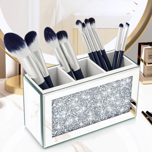 Amezey Mirrored Makeup Brush Holder with Crushed Diamonds, 3 Compartments