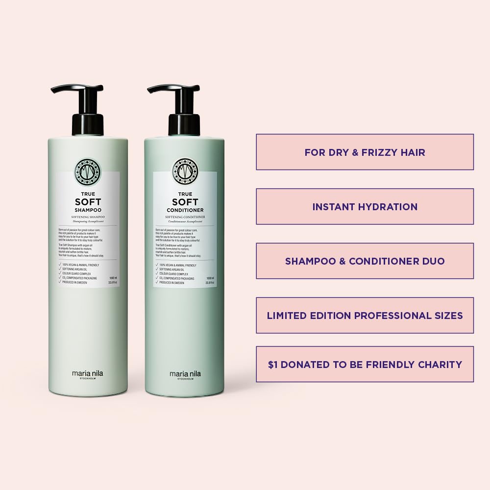 Maria Nila True Soft Shampoo & Conditioner Set - Argan Oil for Dry, Brittle Hair | 2 x 16.9 Fl Oz