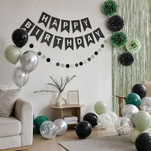 Sage Green & Black Happy Birthday Party Decorations Set - Banner, Balloons, Pom Poms & Curtain