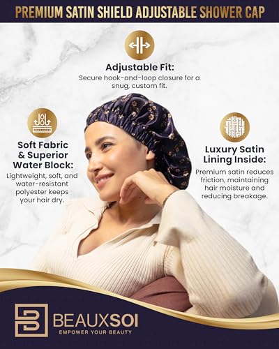 Satin-Lined Luxury Shower Cap for Women - Fleur de Nuit Design, Adjustable & Waterproof