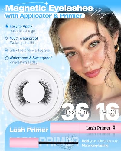 Lanflower D-Magnetic Eyelashes with Applicator & Primer, Natural Wispy Cat Eye Reusable Magnetic Lashes, No Glue Needed