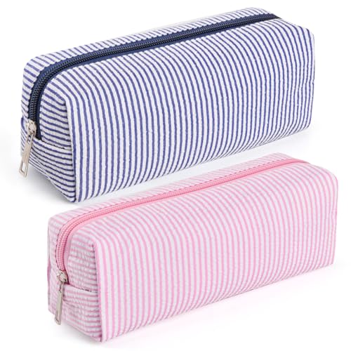 2-Piece Seersucker Makeup Bag Set - Aesthetic Cosmetic & Travel Organizer